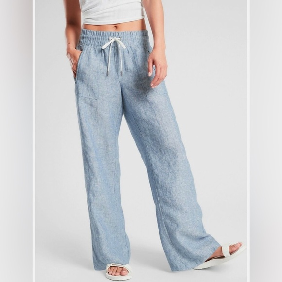 Athleta Pants - Athleta Cabo Linen Wide Leg Chambray Blue Zipper Pocket Pants #447244 EUC Size 8